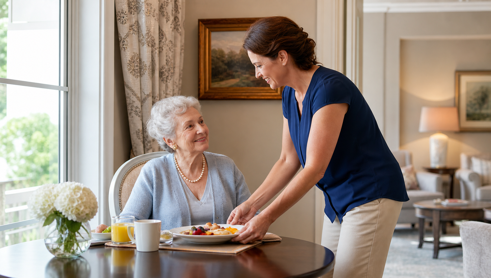 Elderly woman in a comfortable apartment being served breakfast by a middle aged woman near a bright window